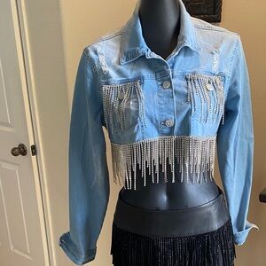 Baccini Cropped Denim Jacket with Silver Fringe